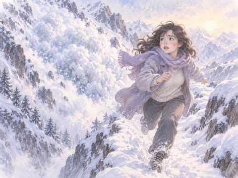 背後から迫る雪崩を振り返りながら逃げる女性
