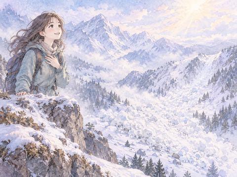 雪崩の届かない高台で胸をなで下ろす女性