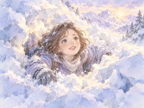 積もった雪を手でかき分けて脱出する女性