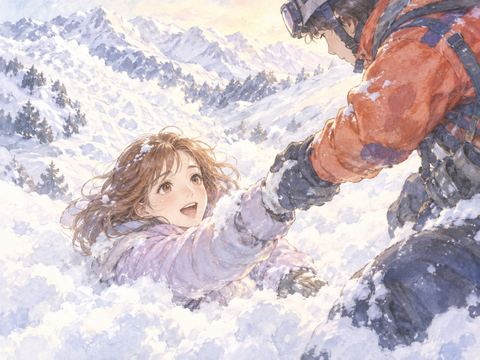 雪の中から救助者に手を引かれて助かる女性