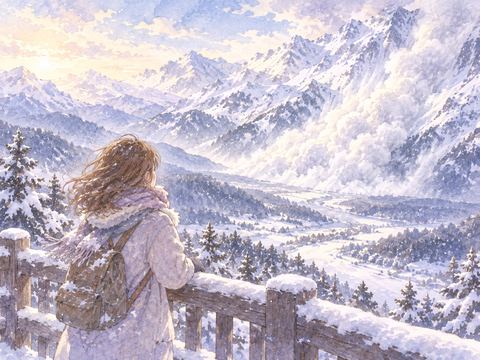 遠くの雪山で起きた雪崩を静かに眺める女性