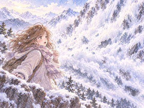 すぐ近くの斜面で崩れる雪崩に驚く女性
