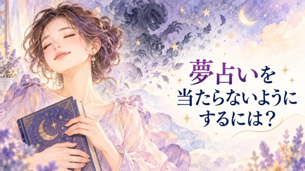 夢占いの本を閉じてほっとする大人の女性と、雲の中へ薄れる不吉な夢の影