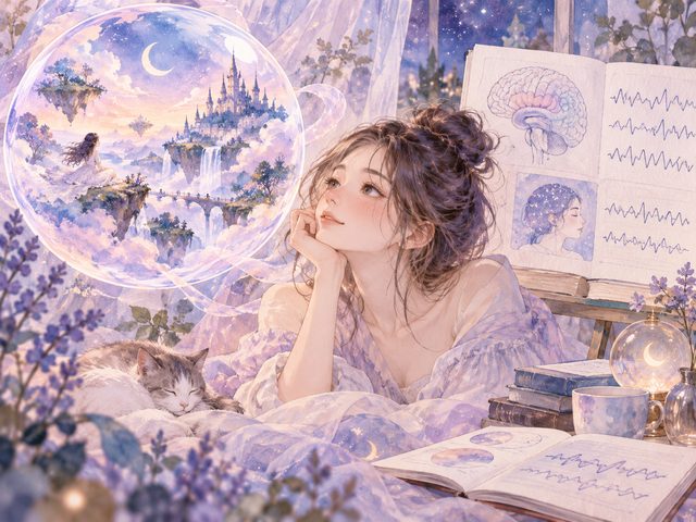 夢の風景を映す透明な球体と、開いた睡眠研究の資料