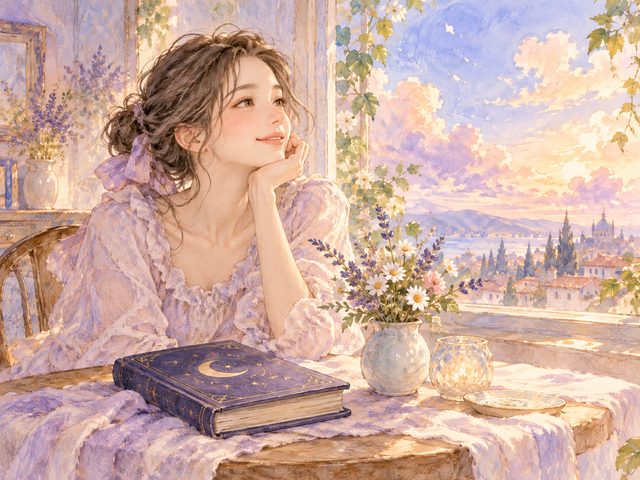 夢占いの本を脇に置き、明るい窓辺で穏やかに過ごす女性