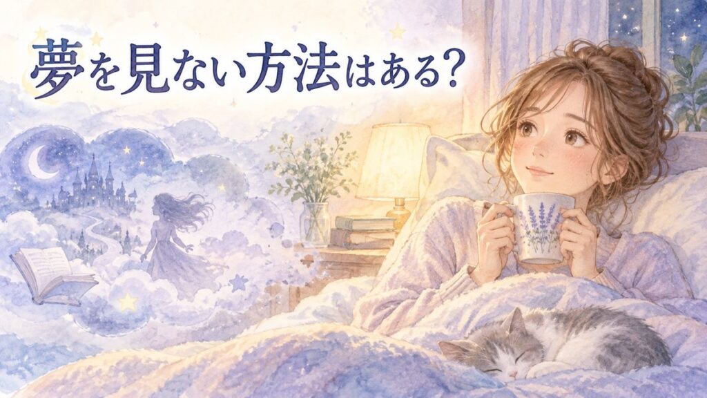 ベッド脇で穏やかに夜を過ごす大人の女性と淡い夢の雲