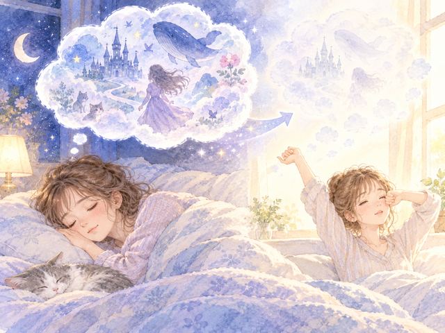 眠る女性の夢の雲と朝に薄れる夢の記憶