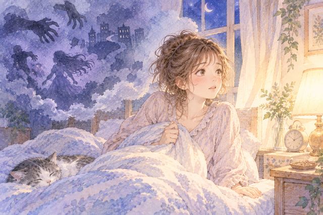 怖い夢から目覚めて自分の部屋を確かめる大人の女性