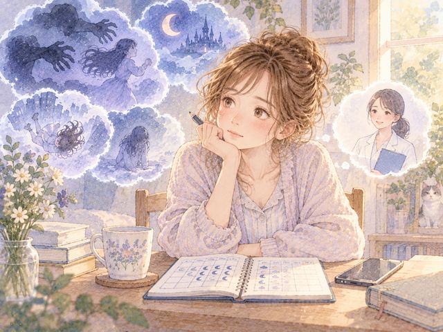 悪夢の記録を見ながら相談を考える大人の女性