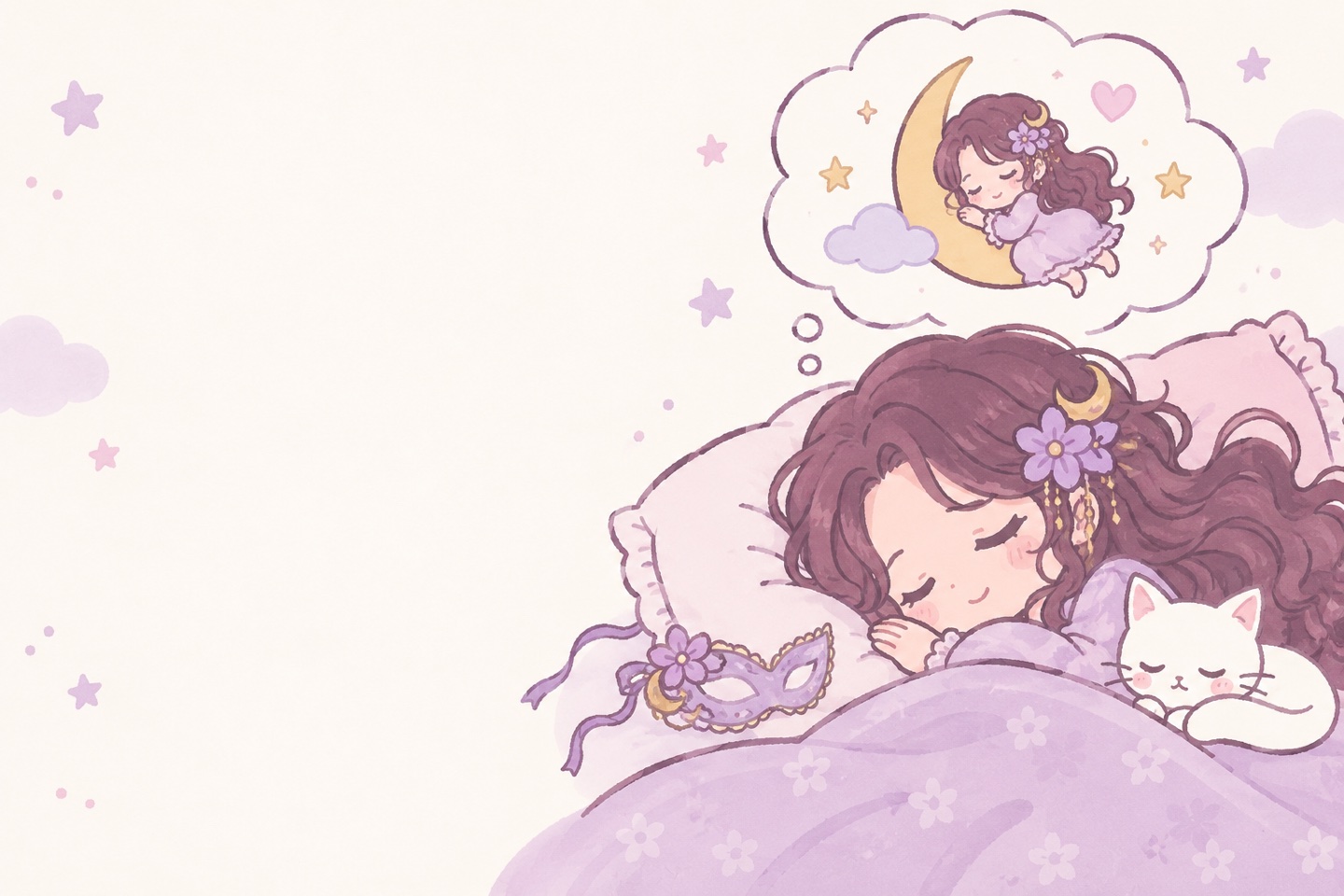 紫の花飾りをつけたアザミが白い猫とすやすや眠り、三日月に乗る夢を見ている、可愛くゆるいイラスト。
