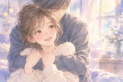 好きな人に後ろから抱きしめられて微笑む女性