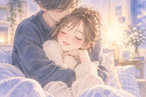 恋人に後ろから抱きしめられて安心する女性