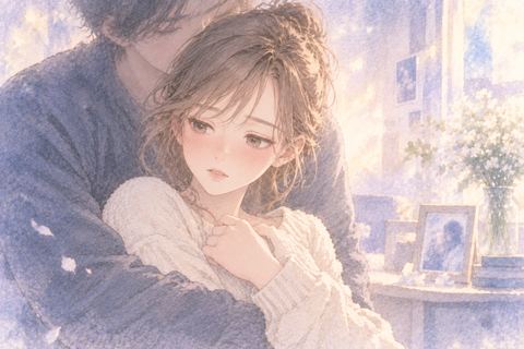 元彼に後ろから抱きしめられ複雑な表情の女性