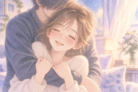 後ろから抱きしめられて嬉しそうに笑う女性