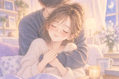 後ろから抱きしめられて目を閉じ安心する女性