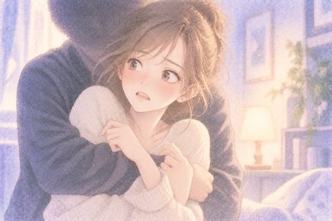 突然後ろから抱きしめられて身を固くする女性