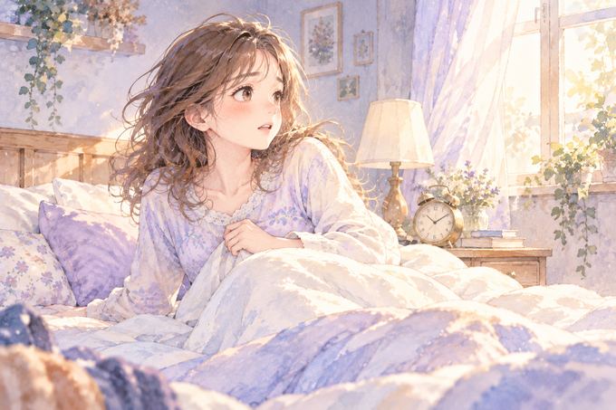 ベッドで起き上がり見慣れた寝室を見渡す女性