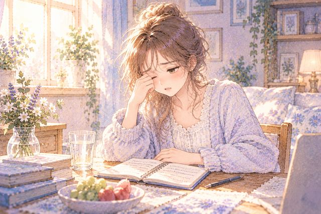 朝の机で眠そうに目元を押さえ睡眠メモを見つめる女性