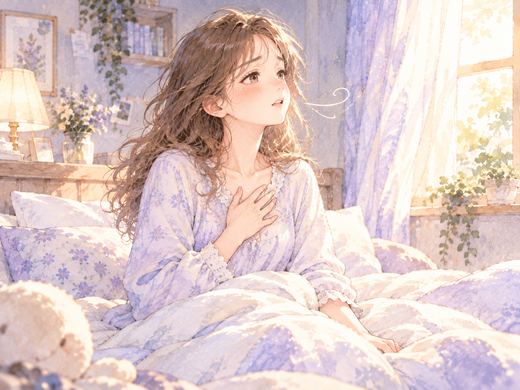 布団に座り肩の力を抜いてゆっくり息を吐く女性