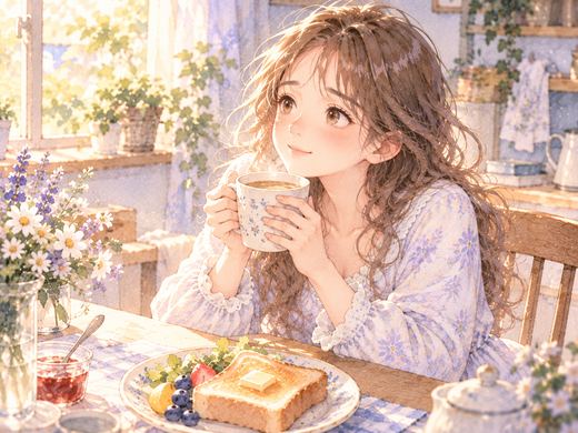 ミルクティーとトーストを前にマグカップを両手で包む女性