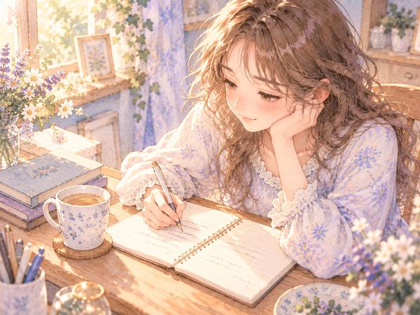 机でノートに夢の記憶を書き留める女性とペン