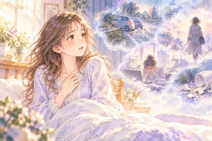 不安そうな女性の前に浮かぶ事故や別れの夢の光景