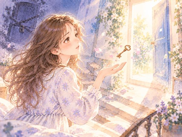 手放した古い鍵と、その先に見える明るい扉を眺める女性