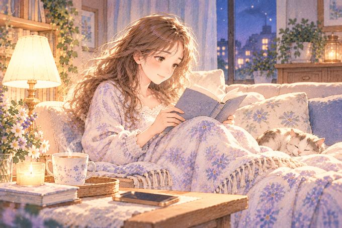 柔らかな照明の部屋で本を読みながらくつろぐ女性