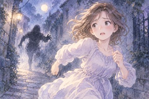 暗い道で迫る影から逃げる大人の女性