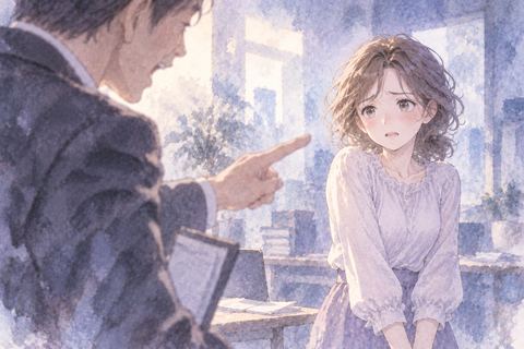 怒る相手を前に悲しそうに立つ大人の女性