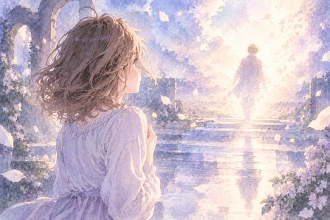 消えていく人影を見つめる大人の女性と差し込む光