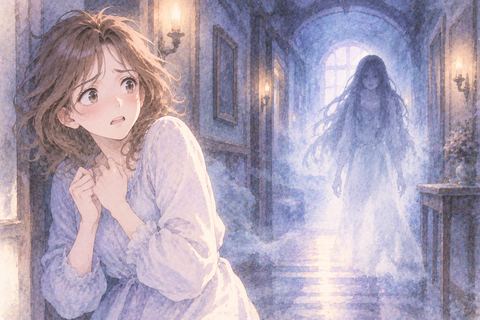 淡い幽霊を見つめて身構える大人の女性