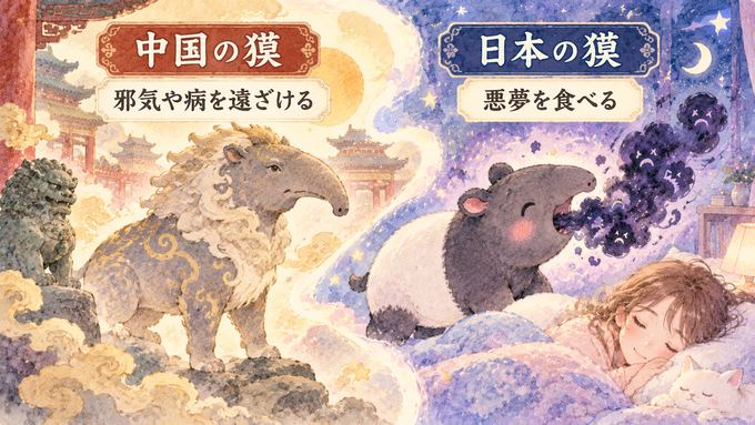 中国の邪気払いの獏と日本の悪夢を食べる獏を示す幻想的な図解