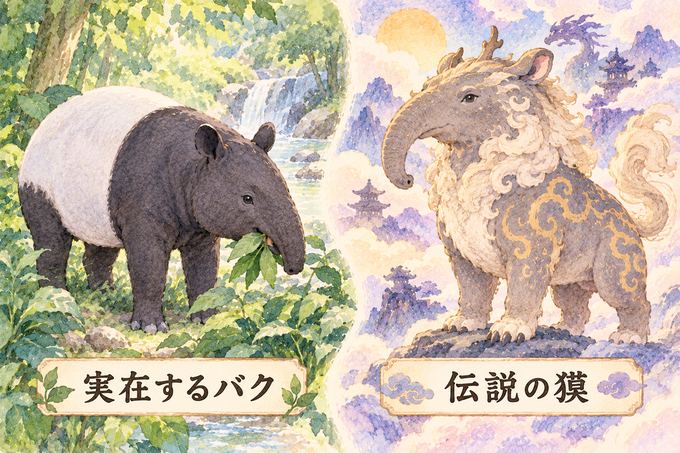 葉を食べるマレーバクと不思議な姿の伝説の獏を並べたイラスト