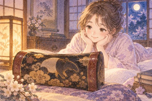獏の文様を描いた昔の枕と静かに願いを込める女性