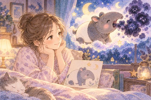 枕元で愛らしい獏の絵を眺める大人の女性と幻想的な悪夢の雲