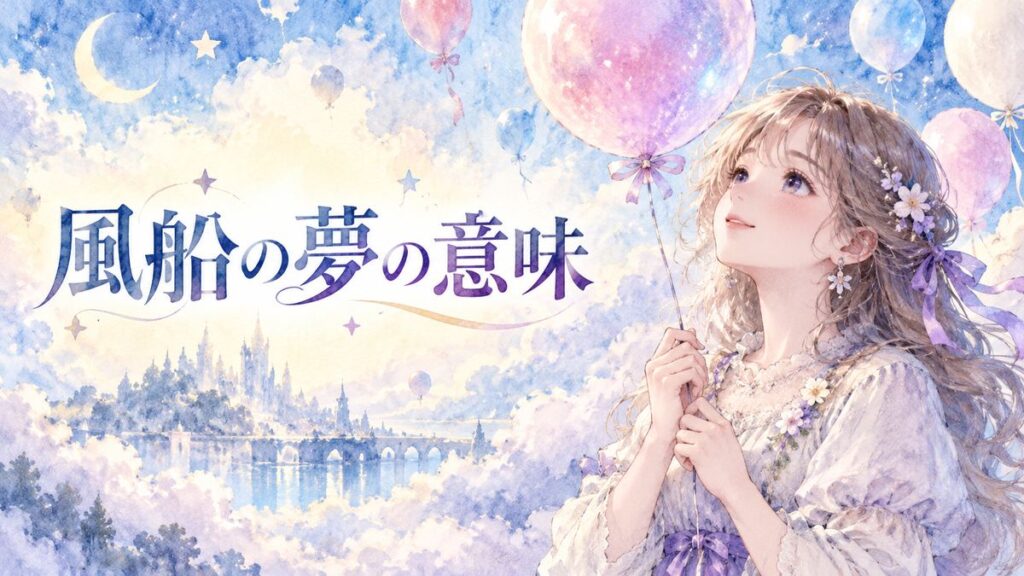 色とりどりの風船を見上げて微笑むアザミと夢のような空