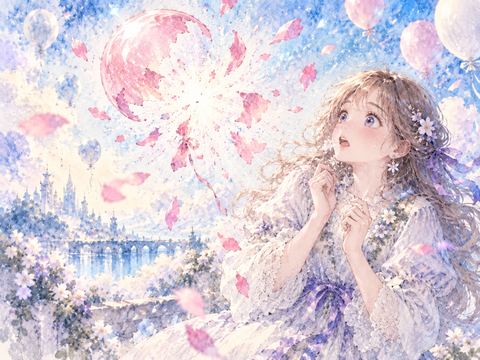 目の前で風船が突然割れて驚く女性