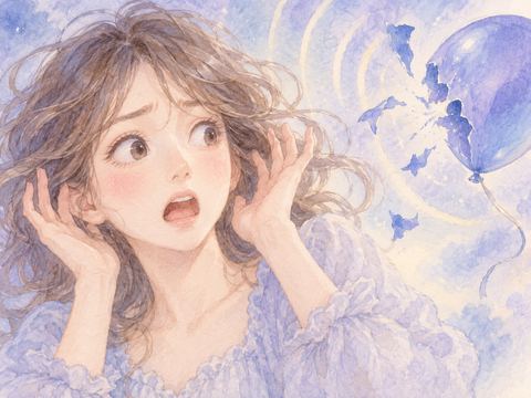 風船の大きな破裂音に驚いて耳を押さえる女性
