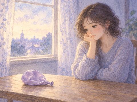 しわが寄って小さくなった風船を寂しそうに見つめる女性