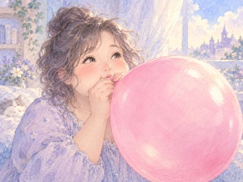 ピンク色の風船を息で膨らませる女性