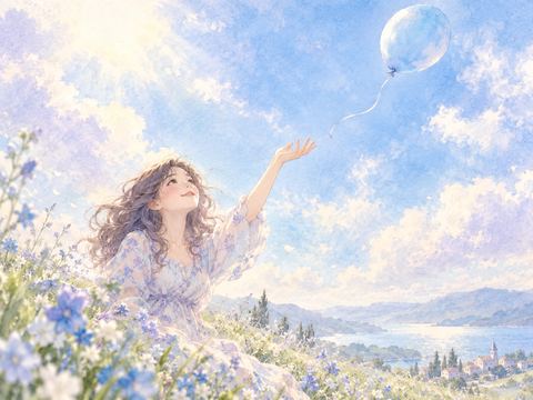 自分で風船の糸を離して空へ見送る女性