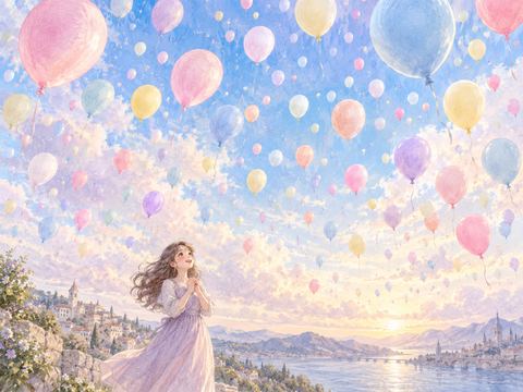空いっぱいに浮かぶたくさんの風船を見上げる女性
