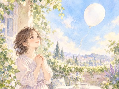 静かな空間に浮かぶ一つの白い風船を見つめる女性