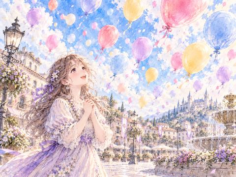 赤や黄色や青など色とりどりの風船を楽しそうに眺める女性