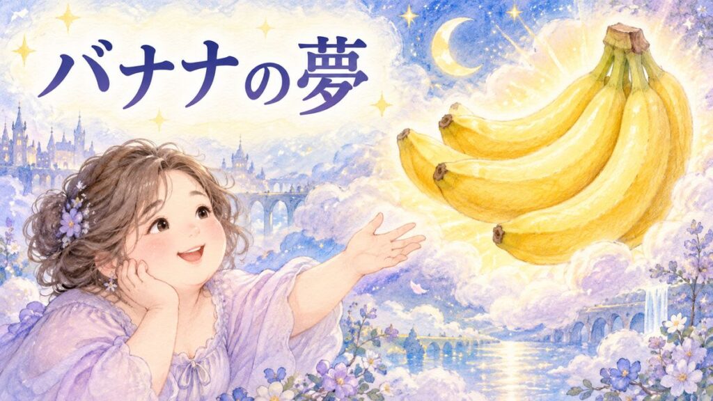 黄色いバナナの房を前に嬉しそうに微笑む大人の女性