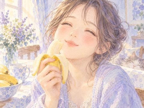 甘いバナナを一口食べて幸せそうに微笑む女性