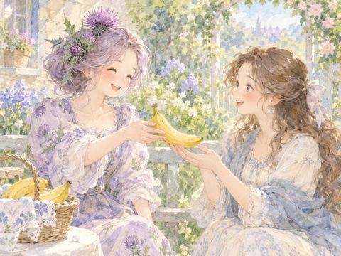 黄色いバナナを友人と分け合って笑顔になる女性