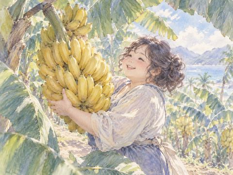 黄色く熟したバナナの房を収穫して喜ぶ女性