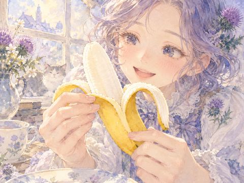 バナナの皮をきれいにむいて微笑む女性